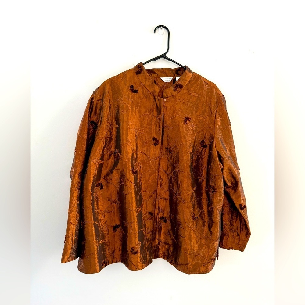 VTG Laura Ashley Button Down Pattern Shiny Blouse Long Sleeve Brown Size XL 2X